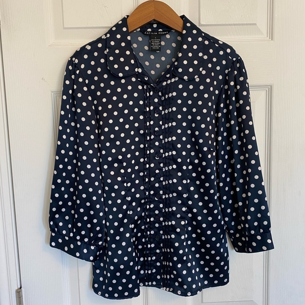 2/$10 Antilia Femme satin polka dot blouse, size L